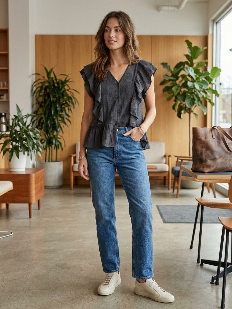 Dark Gray Ruffled V‑Neck Blouse (Category: Blouses) located in Mexico. Submitted by silverkatie429 (Listing ID 1463549635, Image 1). Description: This is a dark gray ruffled blouse with a V‑neckline, featuring layered ruffle detailing along the shoulders and chest for added texture. The lightweight fabric gives it a flowy, feminine silhouette, while the structured neckline makes it versatile for both casual and semi‑dressy looks..