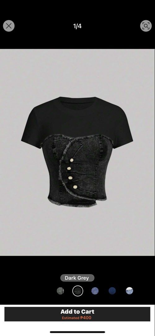 Dark Grey T-shirt Corset Top with Buttons (Category: Sleeveless) located in Manila. Submitted by pampanga.reloved (Listing ID 1463553094, Image 1). Description: - Dark grey t-shirt with a stylish corset overlay. - Corset features functional buttons down the front. - Trendy raw hem detail on the corset. - Versatile piece for both casual outings and nights out..