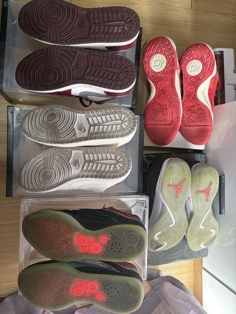 Decluttering Shoes (Category: Sneakers) located in Manila. Submitted by itsmebeetoy (Listing ID 1463382298, Image 2). Description: Decluttering personal shoes. Selling as ONE BUNDLE — all US Men’s 13 (J1 Triple White size 12, fits size 13). 🏀 Jordan 1 Low Bordeaux 🏀 Jordan 1 Low Triple White 🏀 Jordan Luka 2 Black/Red 🏀 Nike KD Trey 5 Red 🏀 Nike KD 15 Slim Reaper Condition: • Luka 2 — used less than 10x, still in good condition • KD Trey 5 — 