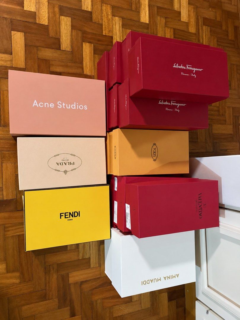 Designer Shoeboxes Authentic (Category: Luxury Accessories) located in Quezon City. Submitted by ktanyag (Listing ID 1463441140, Image 1). Description: 100% Authentic Ferragamo Tod’s Valentino Amina Muaddi Fendi Prada Acne Studios P500 if 3 or more Payment: Gcash or Bank Transfer Lalamove or Grab.