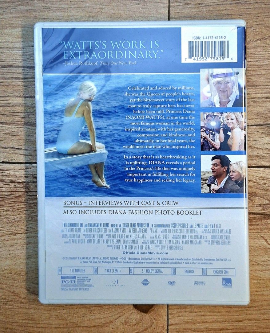 Diana DVD Starring Naomi Watts (Category: CDs & DVDs) located in Santa Rosa. Submitted by shop_by_terri (Listing ID 1463411729, Image 2). Description: - Diana movie starring Naomi Watts - Features interviews with cast and crew - Includes a Diana fashion photo booklet - Running time: 113 minutes - Rated PG-13.