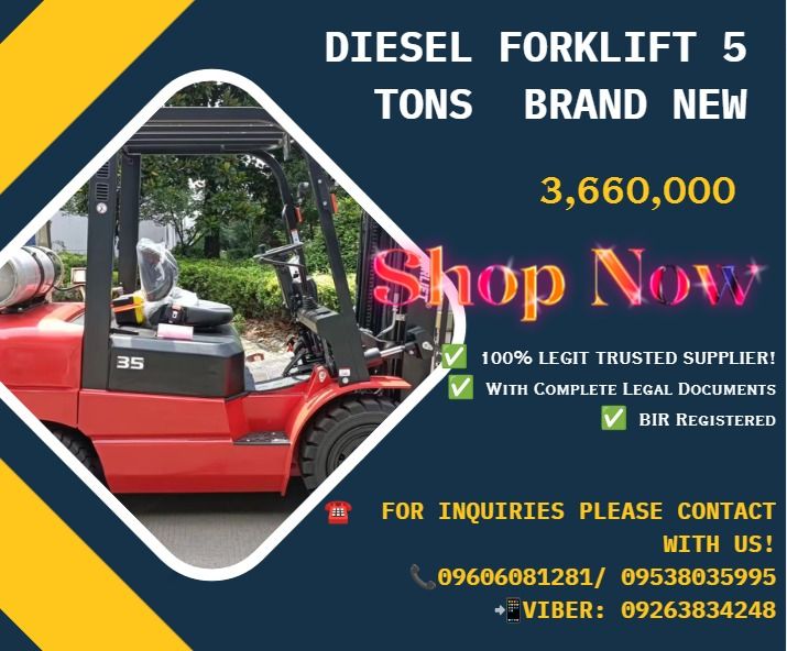 DIESEL FORKLIFT 5 TONS BRAND NEW (Category: Heavy Vehicles) located in Caloocan City. Submitted by michealaus73574 (Listing ID 1463380870, Image 1). Description: ●Loading capacity:5000kg ●Max. lifting height:3000mm ●Minimum ground clearance:126mm ●Speed (no-load altitude) km/h:28km/h ●Minimum turning radius:2950mm ●Fork length:1070mm ●Maximum adjustment of fork ●outside:300 ～1340MM ●Engine Brand: QUANCHAI4C4 -50V31 ●Size:2932*1225*2180 ●Wheelbase