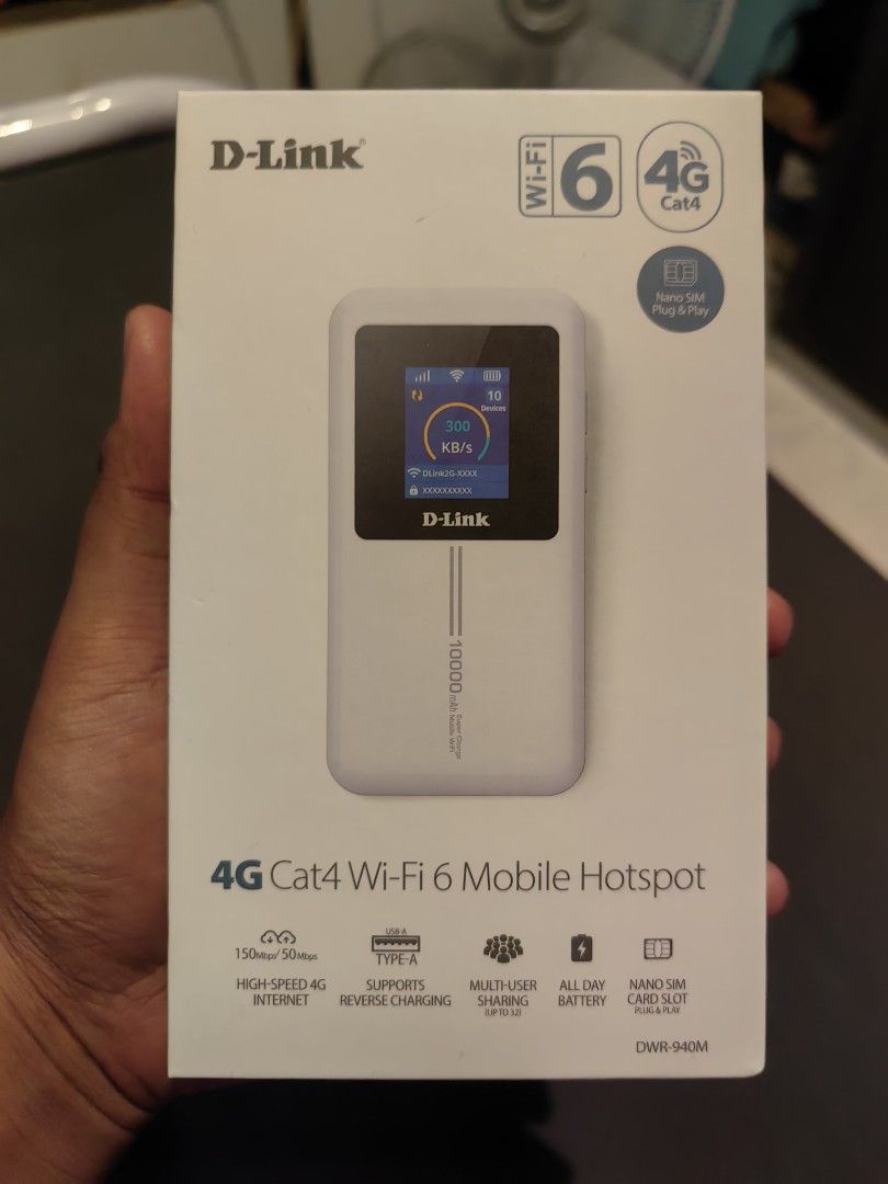 D-Link 4G Pocket WiFi (DWR-940M) (Category: Other Gadgets) located in Quezon City. Submitted by mrdyy (Listing ID 1463550153, Image 1). Description: - D-Link 4G Cat4 Mobile Hotspot (Model DWR-940M) - High-speed 4G internet up to 150Mbps - Connect up to 32 users simultaneously - All-day battery life for extended use - USB-A port for reverse charging your devices - Nano SIM card slot - Easy plug-and-play setup.
