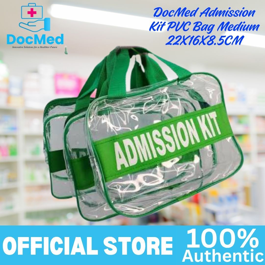 DOCMED ADMISSION KIT BAG MEDIUM (Category: Looking For) located in Quezon City. Submitted by zee_010200 (Listing ID 1463335731, Image 2). Description: - Product: Admission Kit Bag - Size: Medium (22x16x8.5CM) - Material: Clear PVC - Design: Green trim with 'ADMISSION KIT' text - Feature: Easy visibility of contents - Use: Ideal for organizing admission essentials.