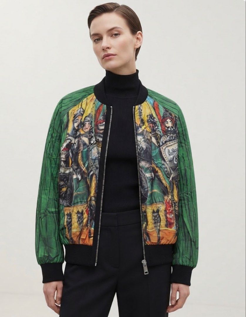 Dolce & Gabbana Knight Print lightweight Bomber Jacket (Category: Longsleeves) located in Donsol. Submitted by saksthriftavenuebyluckymaria8 (Listing ID 1463454013, Image 1). Description: - Stylish green bomber jacket - Features a bold knight print - Full zip closure - Ribbed cuffs and hem for a comfortable fit - Made in Italy - High-quality Lampo zipper hardware - Dolce & Gabbana zipper pull Dolce & Gabbana bomber jacket featuring a distinctive 