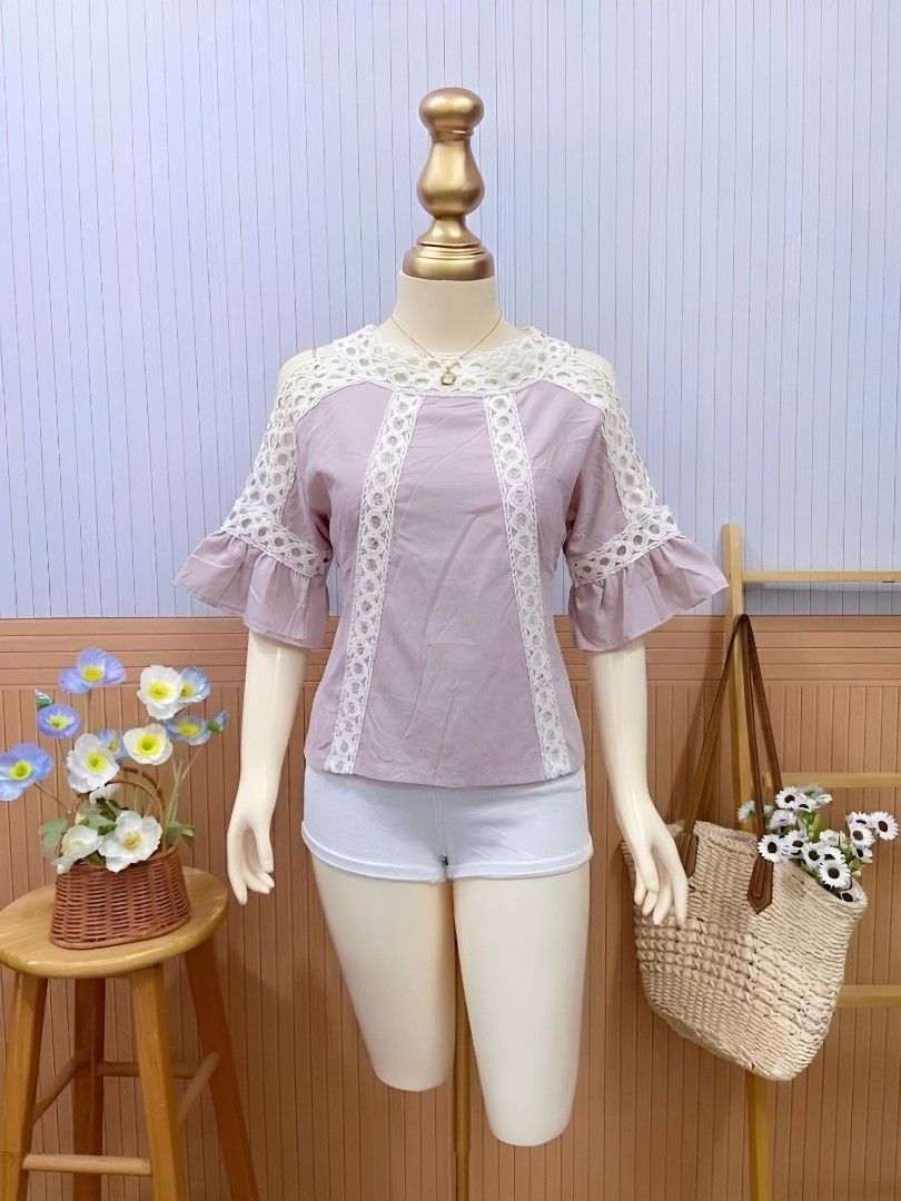 Dusty Rose pink Cold-Shoulder Top (Category: Dresses) located in Roxas City. Submitted by blairnstyle (Listing ID 1463403723, Image 1). Description: ​Top Style: Cold-Shoulder Top (featuring cut-outs at the shoulders that expose the arms while maintaining straps or fabric over the shoulders). ​Color: dusty rose pink ​Sleeve Design: Short, flared ruffle sleeves (bell sleeves) with open shoulders. ​Fabric & Detailing: Detailed with intricate white l