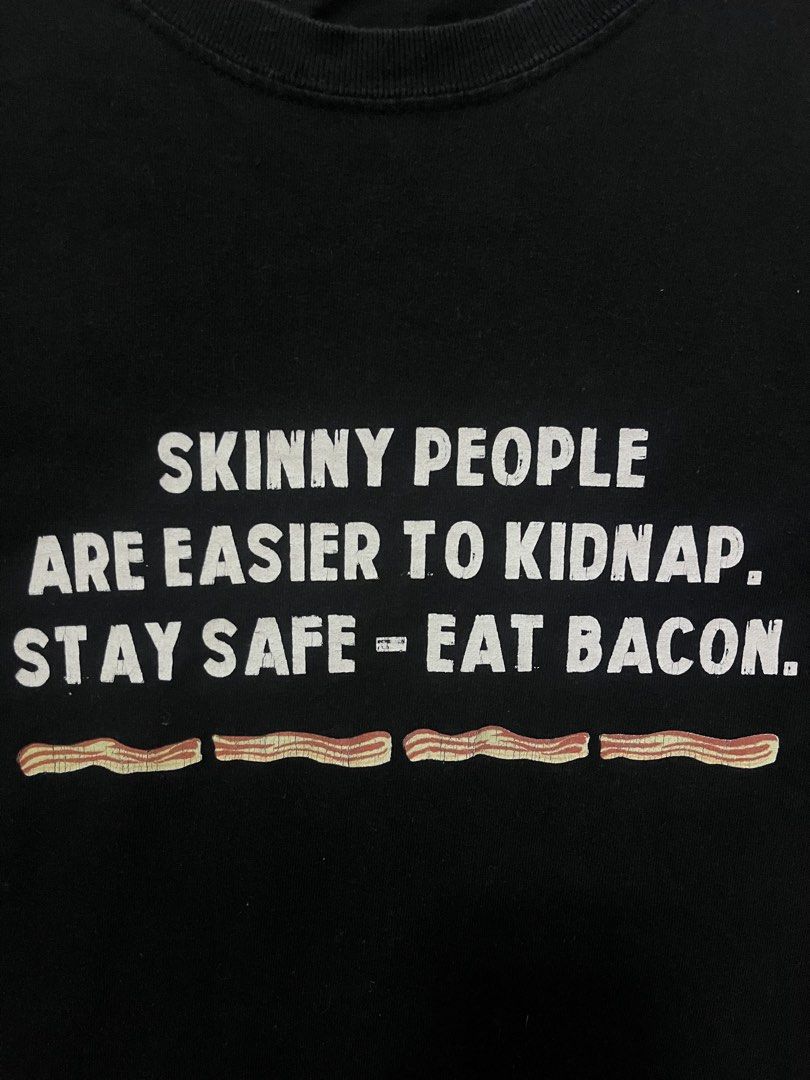 Eat bacon Tee (Category: Tshirts & Polo Shirts ) located in Subic. Submitted by trashdimes2022 (Listing ID 1463438549, Image 2). Description: Size: L (21.5 x 28) In Very Good Condition *Cracks & missing tag Color Rate: 8.5/10 .