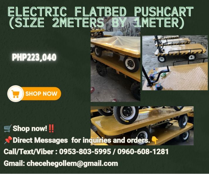 ELECTRIC FLATBED PUSHCART (SIZE 2METERS BY 1METER) (Category: Everything Else Others) located in Caloocan City. Submitted by 09616968642 (Listing ID 1463371540, Image 1). Description: ●Size2000X1000mm ●A 360-degree rotation of the seat ●Power 800 watts ●Voltage 48 volts. ●DC differential motor ●Speed 20-25 km per hour ●Plate height 41 cm above ground ●Load 800 KG ●Charger 48-20 ●Tire 300-8 ●Front and rear brake pedals ●Iron plate 1.5 thick solid 