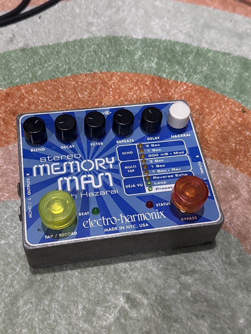 Electro-Harmonix Stereo Memory Man with Hazarai Delay Pedal (Category: Musical Instruments) located in Las Pinas. Submitted by yourchaiboy (Listing ID 1463365865, Image 1). Description: - Electro-Harmonix Stereo Memory Man with Hazarai delay pedal - Multiple modes: Echo, Multi Tap, Deja Vu - Up to 3 seconds of delay time - Adds texture and depth to guitar sound - Made in NYC, USA.