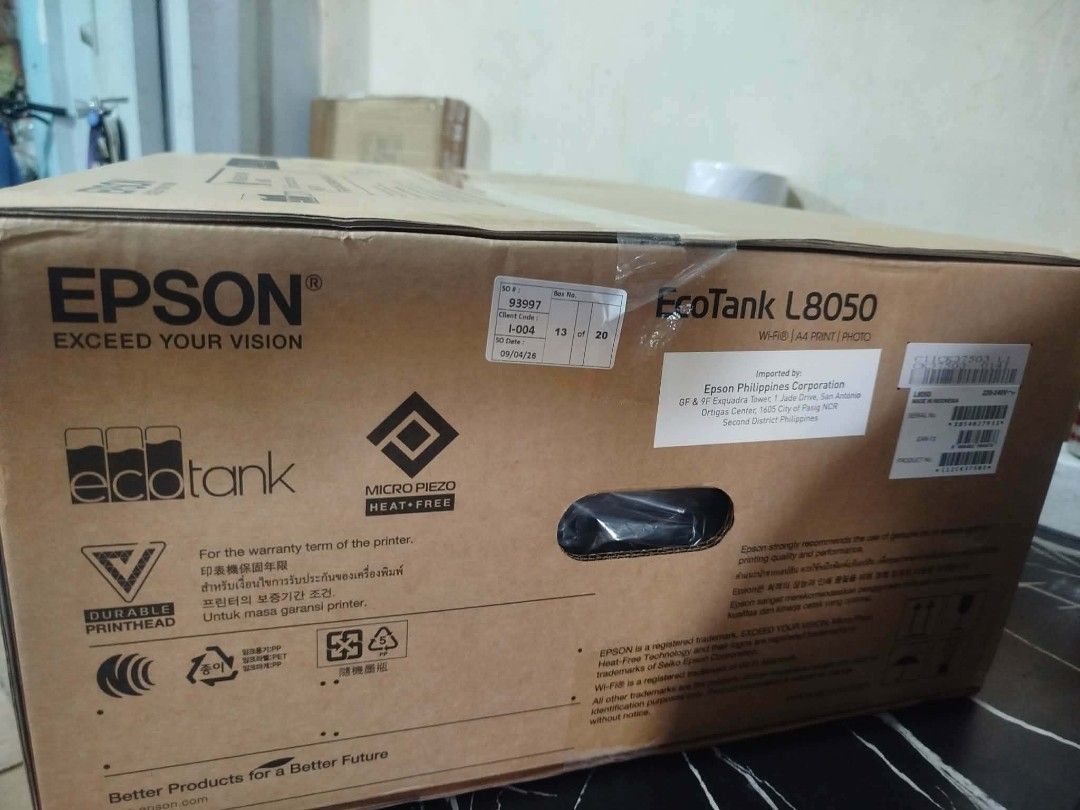 Epson EcoTank L8050 Wi-Fi A4 Print Photo Printer (Category: Printers, Scanners & Copiers) located in Manila. Submitted by rara_zyieyael (Listing ID 1463420149, Image 2). Description: - Brand new, sealed Epson EcoTank L8050 printer - Wi-Fi enabled for easy connectivity - Ideal for A4 printing and high-quality photos - Suitable for home or office use - Get yours today!.