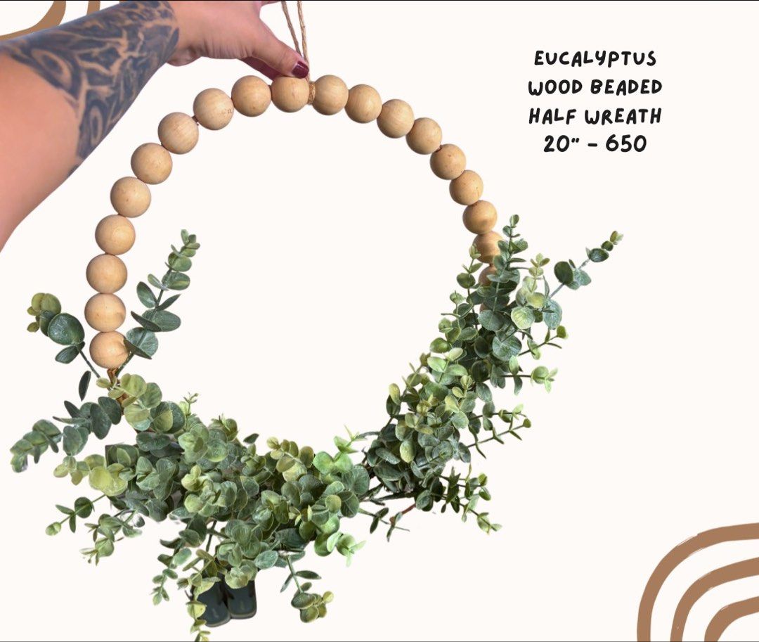 Eucalyptus Wood Beaded Half Wreath (Category: Other Home Decor) located in Pasig City. Submitted by homeyvibesph (Listing ID 1463416647, Image 1). Description: .