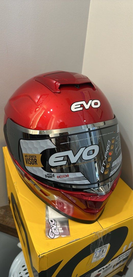 EVO GT-PRO Motorcycle Helmet - Red (Category: Helmets and other Riding Gears) located in Manila. Submitted by markbay22974216 (Listing ID 1463393387, Image 1). Description: - EVO GT-PRO Helmet - Size: Medium - Color: Metallic Red - Visor: Anti-scratch coating - Includes: Original box - Ideal for: Riding.