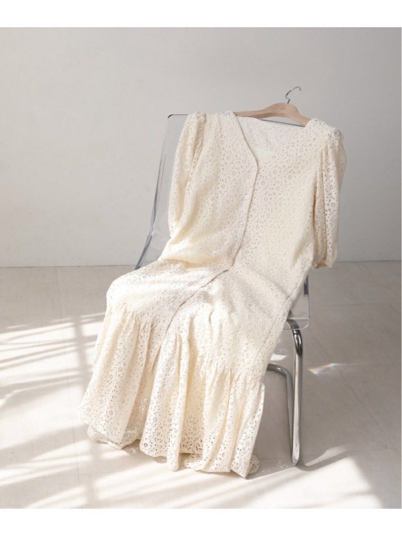 Eyelet Lace Maxi Dress (Ivory) Fully Lined (Category: Dresses) located in Caloocan City. Submitted by qvaintrelledearest (Listing ID 1463459161, Image 3). Description: -size on tag none but measures -eyelet lace maxi dress, intricate all-over floral openwork lace pattern, a flattering V-neckline, semi puff sleeves, and a tiered flared hemline -like new can even pass as bnew condition, lace has zero snags or wearout #EyeletLace #BohoChic #Cottagec