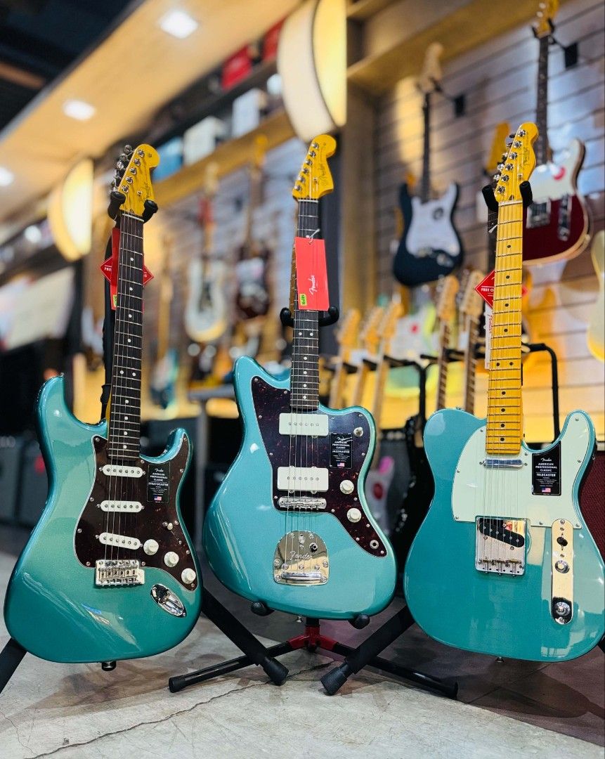 Fender Professional Classic Stratocaster, Jazzmaster, Telecaster Guitars (Category: Musical Instruments) located in Quezon City. Submitted by marvincaoile (Listing ID 1463351883, Image 1). Description: - Three Fender Professional CLASSIC electric guitars - Available models: Stratocaster, Jazzmaster, Telecaster - Stunning teal finish - Perfect for guitarists seeking quality Fender instruments - Amazing deal! PERFECT PITCH SM MEGAMALL 5TH FLOOR BUI
