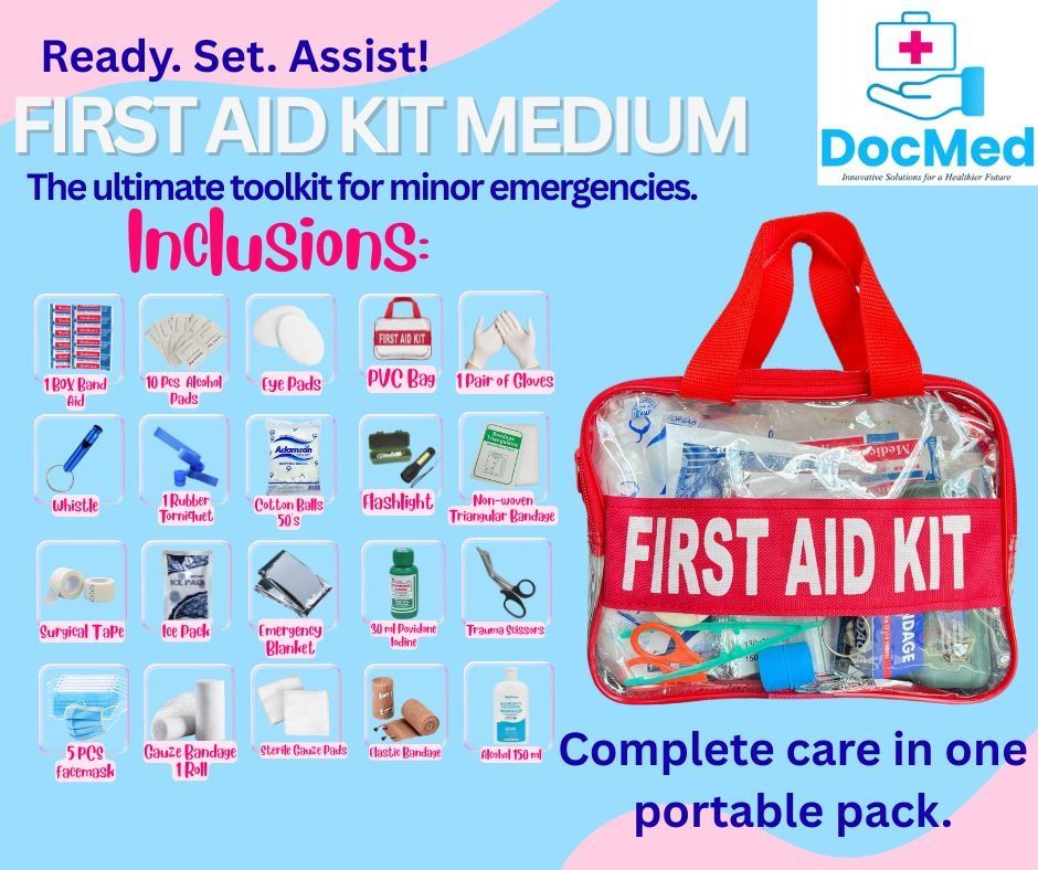 FIRST AID KIT SET MEDIUM (Category: Looking For) located in Quezon City. Submitted by zee_010200 (Listing ID 1463376792, Image 1). Description: - DocMed First Aid Kit, Medium Size - Designed for minor emergencies - Clear PVC bag with red handles for easy visibility and portability - Ready, Set, Assist! Complete care in one portable pack..