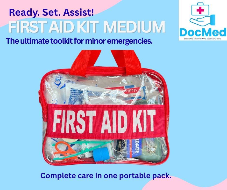 FIRST AID KIT SET MEDIUM (Category: Looking For) located in Quezon City. Submitted by zee_010200 (Listing ID 1463376792, Image 2). Description: - DocMed First Aid Kit, Medium Size - Designed for minor emergencies - Clear PVC bag with red handles for easy visibility and portability - Ready, Set, Assist! Complete care in one portable pack..