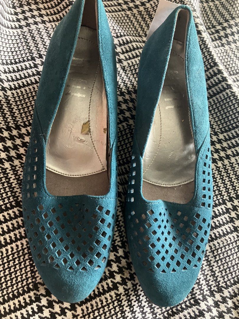 FITFIT wedge heel pump (Category: Shoe inserts) located in Angeles City. Submitted by jnwsurplus (Listing ID 1463368891, Image 2). Description: blue-green wedge heel pumps by fitfit featuring a geometric cutwork or perforated mesh design on the upper.