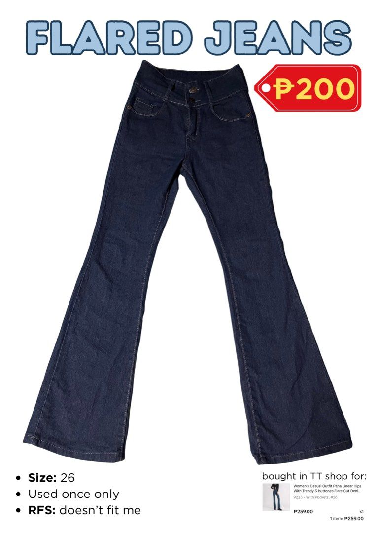 Flared Jeans or Pants (Category: Jeans) located in Rizal. Submitted by earixel (Listing ID 1463502708, Image 1). Description: Size: 26 Used once only Location: Cainta, Rizal Mode of Payment: GCash / Maya / Cash Mode of Delivery (MOD): Meetup at LRT2 Marikina-Pasig Station or Big R Junction / Lalamove / Grab (Buyer pays shipping fee) .
