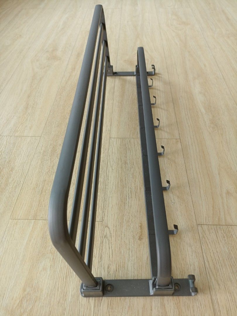 Wall Mounted Foldable Clothes rack with Hooks (Category: Bathroom & Kitchen Fixtures) located in Singapore. Submitted by nicesharebuy (Listing ID 1463337708, Image 1). Description: - Foldable Clothes panel - Height: Approx. 68cm - Width: Approx. 20cm - 2 layers of rack - Features several hooks on one side.