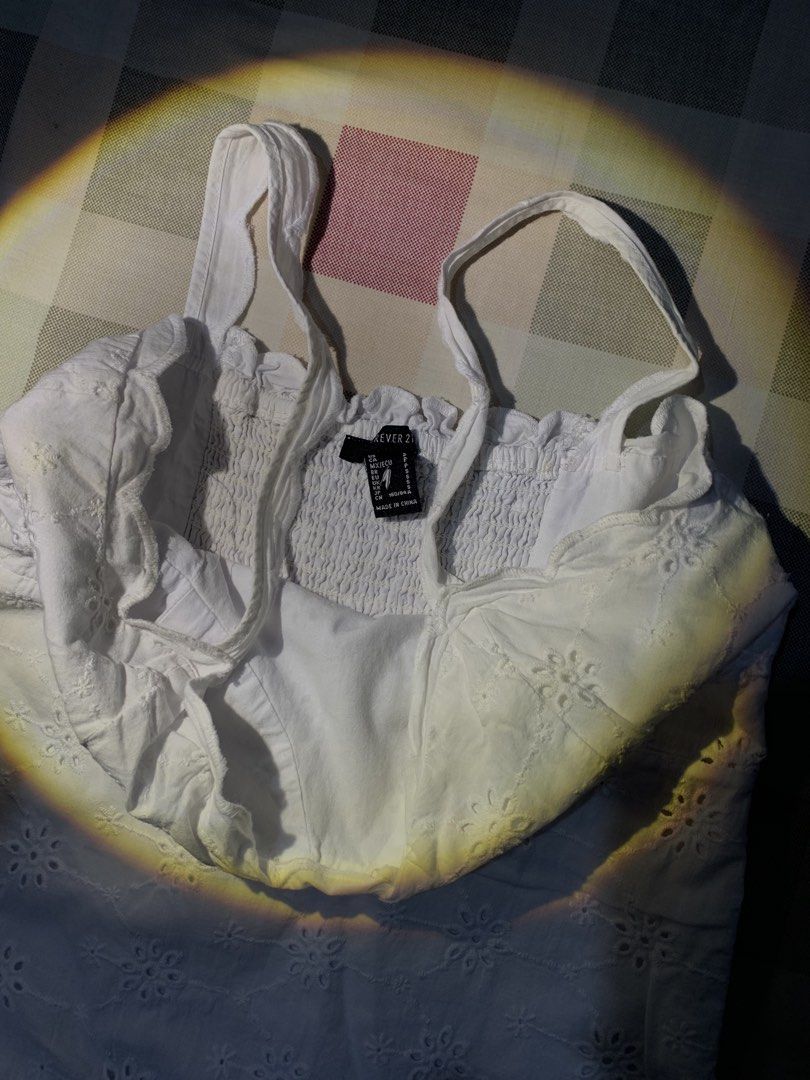 Forever 21 White Eyelet Mini Dress (Category: Dresses) located in Rizal. Submitted by pcesspscl145 (Listing ID 1463431646, Image 2). Description: - Cute white eyelet mini dress - Brand: Forever 21 - Sweetheart neckline - Smocked back for a comfy fit - Adjustable spaghetti straps - Ruffled hemline - Ideal for summer days or beach outings.