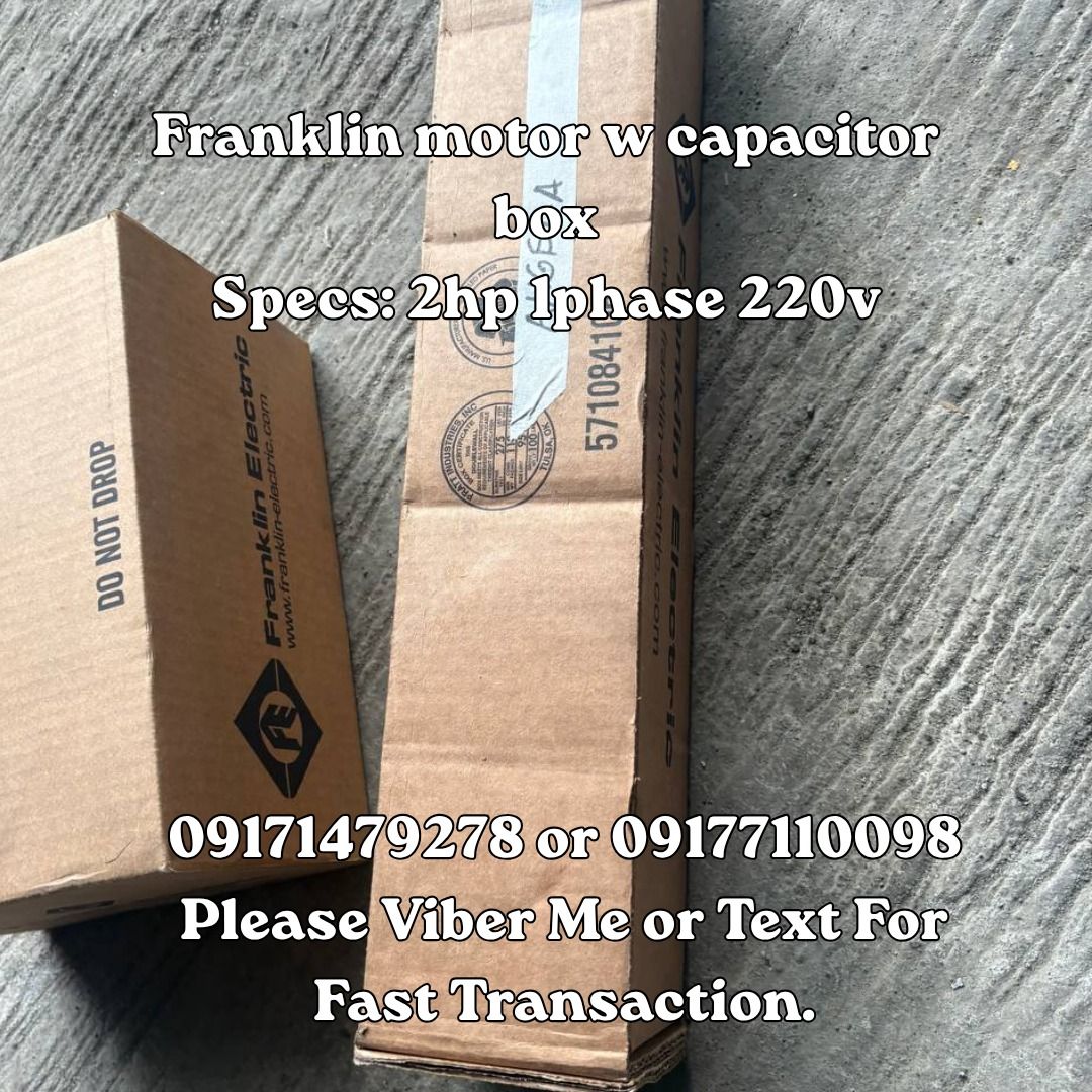 Franklin motor w capacitor box Specs: 2hp 1phase 220v (Category: Construction Tools & Equipment) located in Manila. Submitted by 09171479278_elsie. (Listing ID 1463371339, Image 1). Description: Franklin motor w capacitor box Specs: 2hp 1phase 220v.