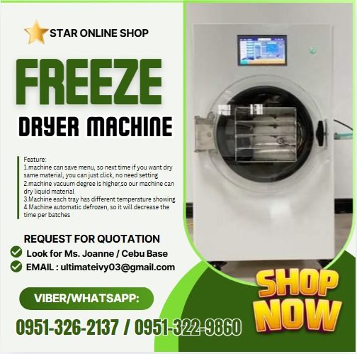 Freeze Dryer Machine Model : HFD-01 (Category: Other Home Appliances) located in Caloocan City. Submitted by jynneyu68319 (Listing ID 1463413889, Image 1). Description: Model : HFD-01 Freeze-dried area（m2）- 0.1 Cold trap Temp.（℃）- -40℃ Handling capacity（KGS/batch）-1~2 Material Tray size（mm）- 145*275*20 Qty of tray（pcs）- 3 Interlayer spacing（mm）- 45 Power（W）- 750W Voltage - 110V/220V Feature: 1.machine can save menu, so next time if you want dry s