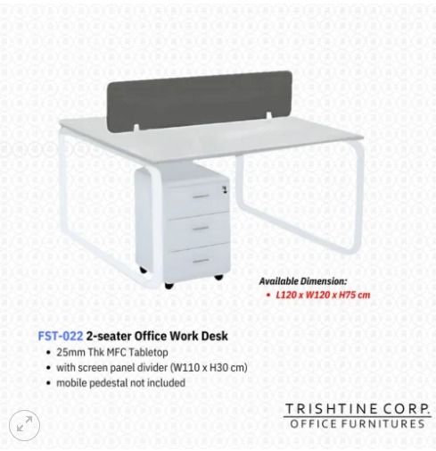 FST-022 | Office Work Desk (Category: Office Furniture & Fixtures) located in Caloocan City. Submitted by jimkirt.tristine.ph (Listing ID 1463396491, Image 1). Description: Features: 25mm Thk MFC Tabletop with screen panel divider (W110 x H30 cm) mobile pedestal not included Color: Light Grey Available Dimensions: L120 x W120 x H75 cm L240 x W120 x H75 cm.