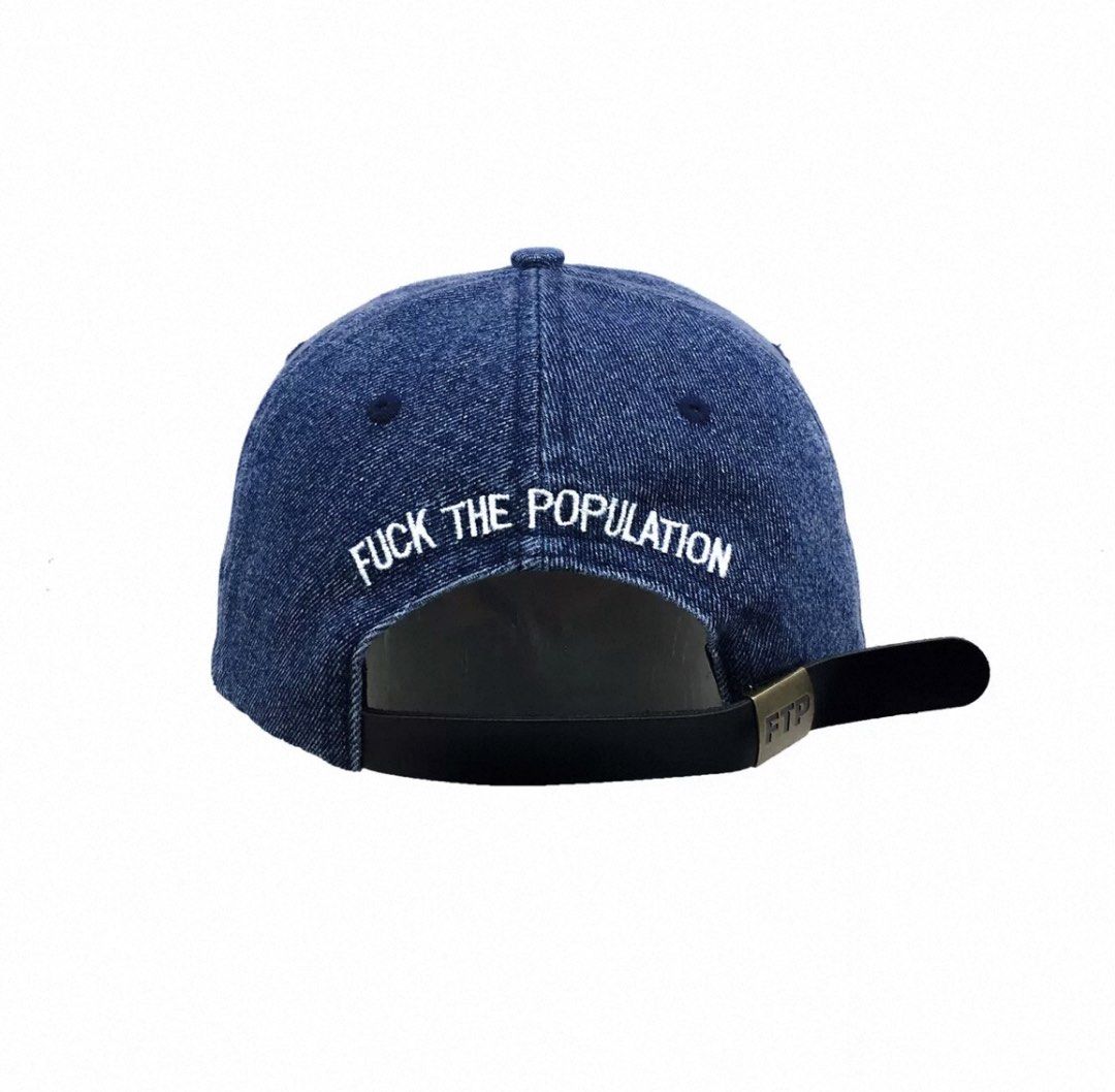 FTP "Fuck The Population" Denim Baseball Cap (Category: Caps & Hats) located in Agdangan. Submitted by theftpplug (Listing ID 1463467479, Image 2). Description: - Classic dad hat style denim baseball cap - "FTP" embroidered on the front - "Fuck The Population" embroidered on the back - Adjustable strap closure for a custom fit - Ideal for everyday casual wear Pre order 3500.