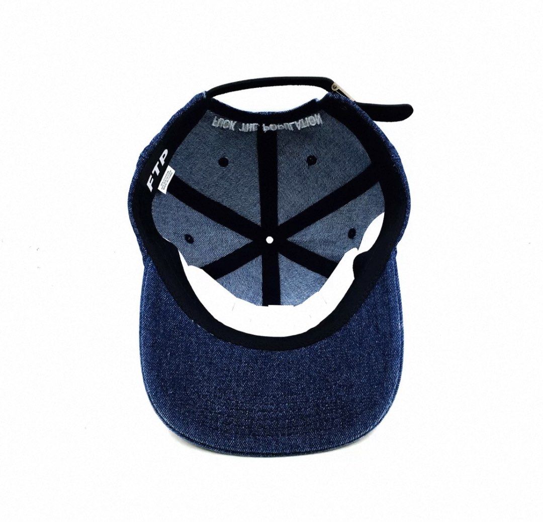 FTP "Fuck The Population" Denim Baseball Cap (Category: Caps & Hats) located in Agdangan. Submitted by theftpplug (Listing ID 1463467479, Image 3). Description: - Classic dad hat style denim baseball cap - "FTP" embroidered on the front - "Fuck The Population" embroidered on the back - Adjustable strap closure for a custom fit - Ideal for everyday casual wear Pre order 3500.
