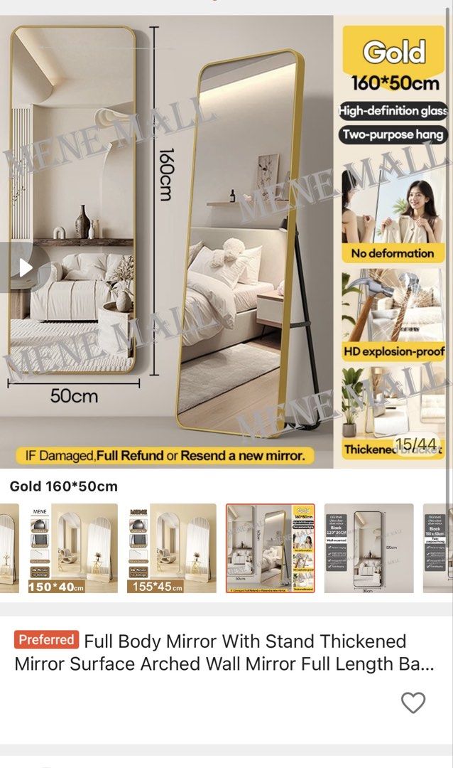 Full Body Mirror With Stand Thickened Arched Wall Mirror (Category: Mirrors) located in Makati City. Submitted by zebra45 (Listing ID 1463479538, Image 1). Description: - Full body mirror with elegant gold rectangular frame - High-definition, explosion-proof glass for a clear, distortion-free reflection. - Versatile use: can be a floor mirror or mounted as a wall mirror. - Generous size: 160cm (height) x 50cm (width). RFS: made a mistake in size.