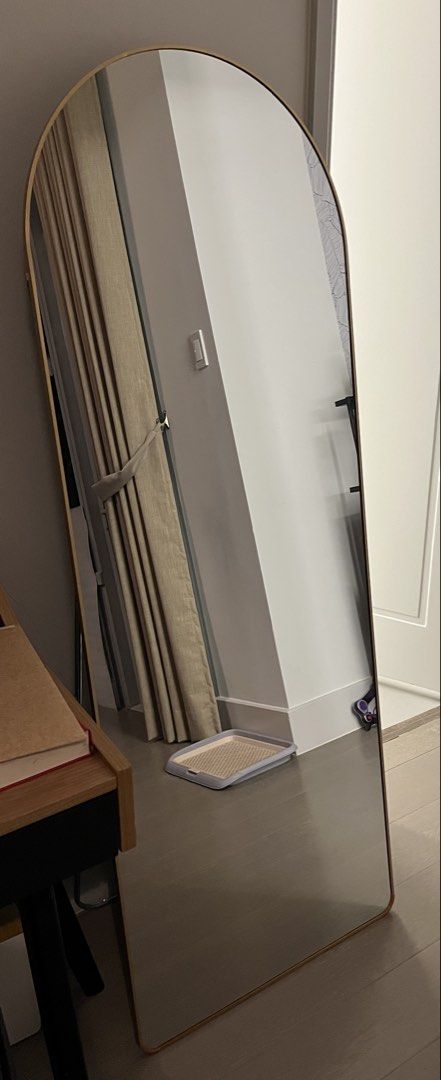 Full Body Mirror With Stand Thickened Arched Wall Mirror (Category: Mirrors) located in Makati City. Submitted by zebra45 (Listing ID 1463479538, Image 2). Description: - Full body mirror with elegant gold rectangular frame - High-definition, explosion-proof glass for a clear, distortion-free reflection. - Versatile use: can be a floor mirror or mounted as a wall mirror. - Generous size: 160cm (height) x 50cm (width). RFS: made a mistake in size.