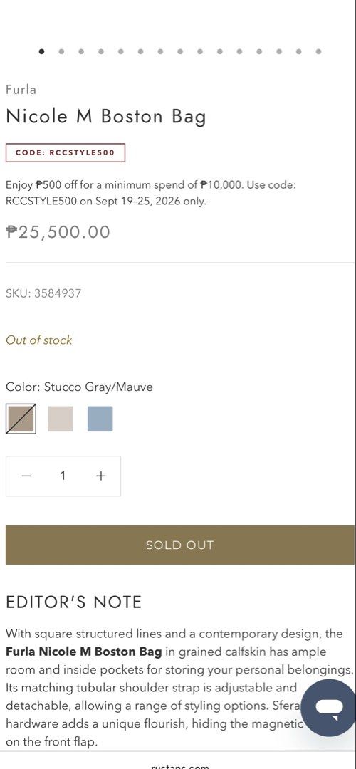 Original Furla Nicole M Boston Bag (Category: Luxury Bags & Wallets) located in Quezon City. Submitted by lilinred (Listing ID 1463380452, Image 3). Description: Furla Nicole M Boston Bag in Stucco Gray/Mauve. Used only a few times and kept really well, so it’s still in pristine condition. Comes with complete inclusions and the original receipt from Rustan’s Shang. Can send photos if interested.