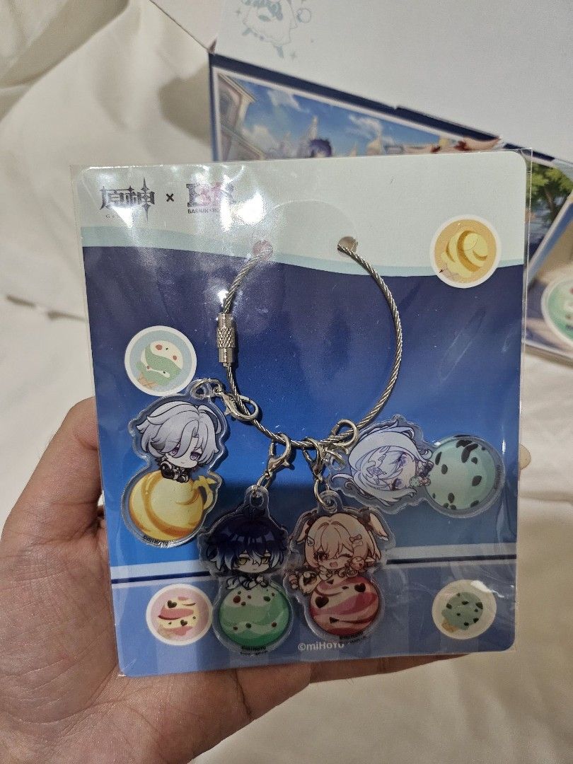 Genshin Impact x Baskin Robbins Keychain Set (Category: Character Goods) located in Quezon City. Submitted by benpiko (Listing ID 1463494431, Image 1). Description: Genshin Impact x Baskin Robbins collaboration keychain set - Includes Illuga, Flins, Linnea, and Odette mini keychains - Acrylics are removable from the metal hoop ring if you want to swap them RFS: I only wanted the in-game furnishing code Shipping only via Lalamove, payment first be