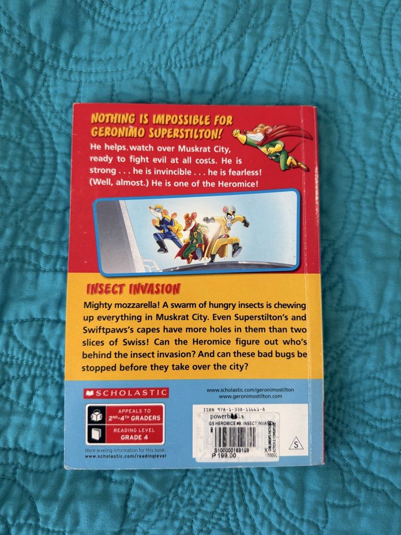 Geronimo Stilton Heromice: Insect Invasion Book (Category: Children's Books) located in Quezon City. Submitted by krisallie (Listing ID 1463419801, Image 2). Description: - Geronimo Stilton Heromice: Insect Invasion - Follows Geronimo Stilton's heroic adventures fighting evil. - Ideal for readers in 2nd to 4th grade. - Reading level: Grade 4. - Published by Scholastic. - Great for kids who love adventure and action!.