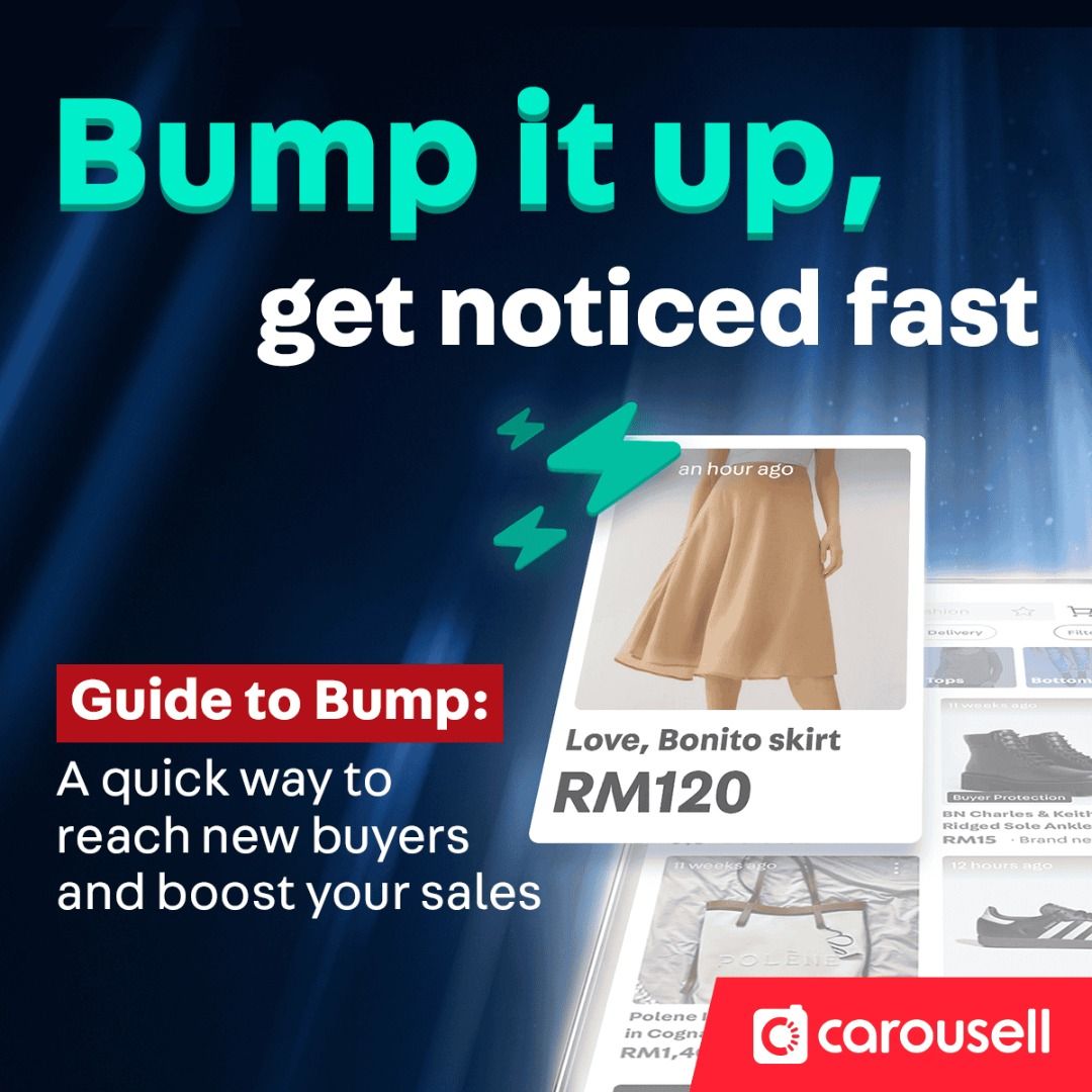 Get your listings seen by more buyers with Bump ⚡ (Category: Announcements) located in Kuala Lumpur. Submitted by carousell_business_my (Listing ID 1463148353, Image 1). Description: Tap here to see how Bump can help your listings stand out: https://www.carousell.com.my/bump-education-my/l/.