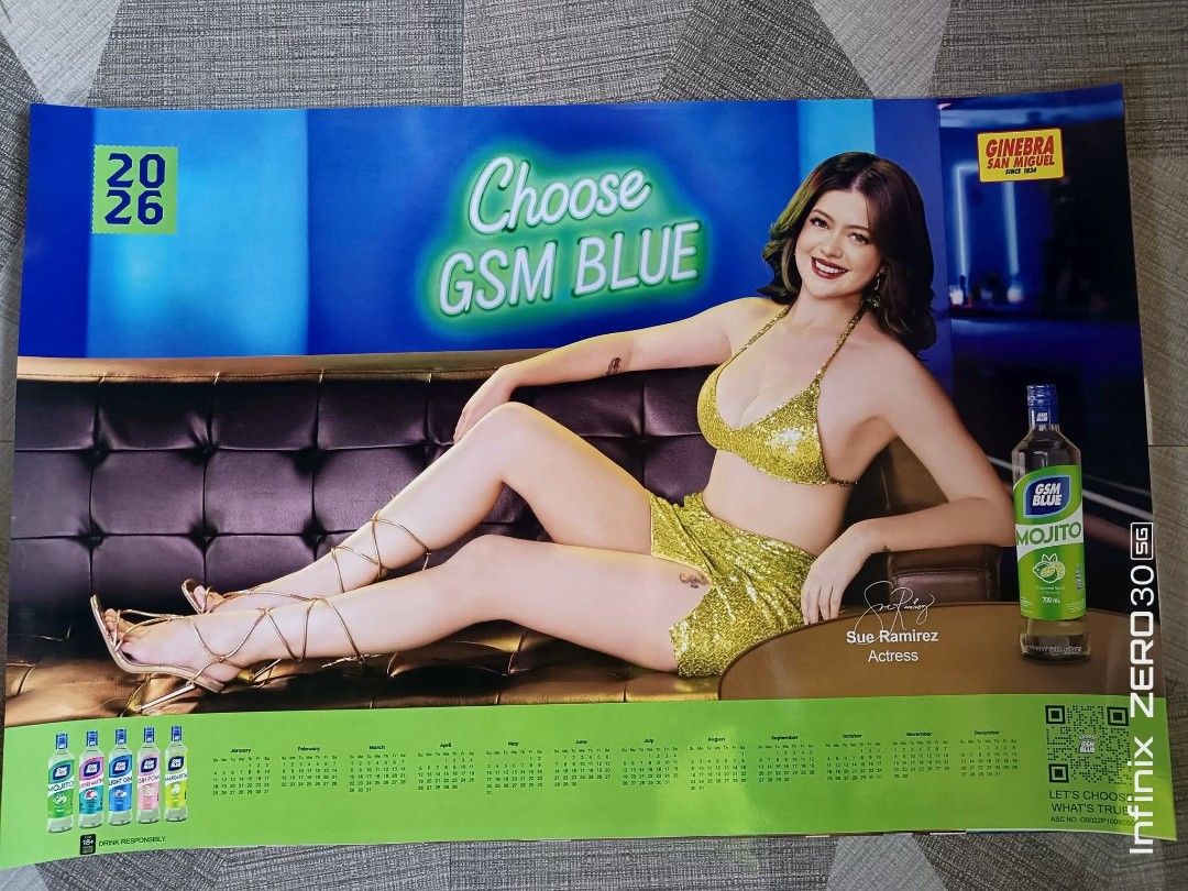 Ginebra 2026 calendar sue ramirez (Category: Art & Prints) located in Taguig. Submitted by onwaku (Listing ID 1463362921, Image 1). Description: - 2026 Calendar Poster featuring Sue Ramirez - Official GSM Blue promotional item - Ideal for collectors and fans of GSM Blue and Sue Ramirez - Includes a full year calendar at the bottom - Perfect for decorating your wall.