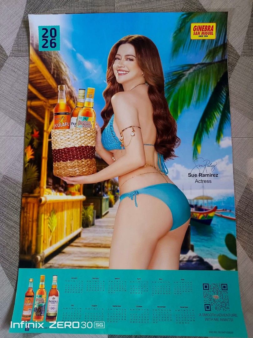 Ginebra 2026 calendar sue ramirez (Category: Other Merchandise) located in Taguig. Submitted by onwaku (Listing ID 1463363485, Image 1). Description: - 2026 Calendar featuring Sue Ramirez - Official GINEBRA SAN MIGUEL promotional item - Includes all months: January to December - Perfect for collectors and fans - Great wall decor and memorabilia.