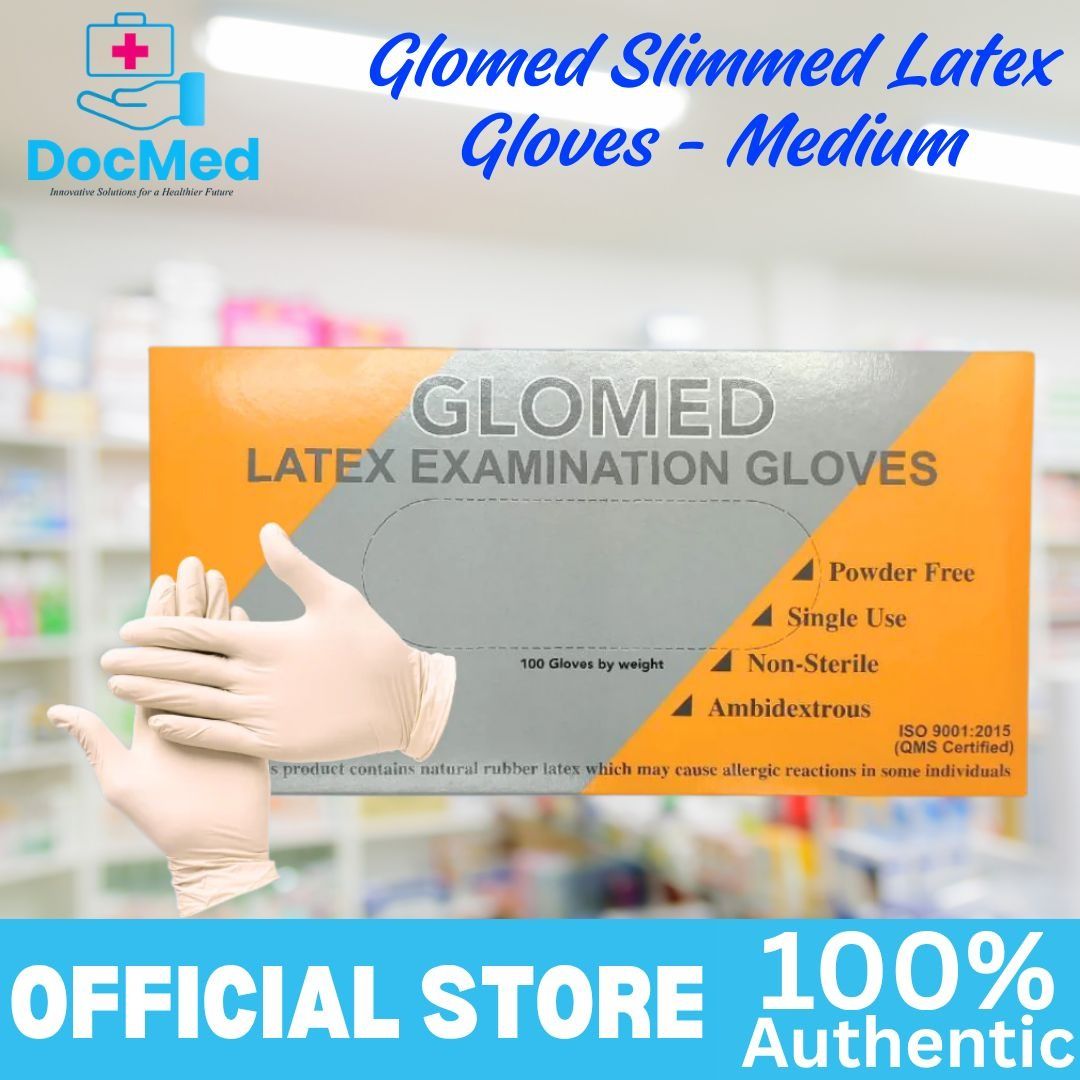 GLOMED LATEX SLIM GLOVES MEDIUM (Category: Medical Supplies & Tools) located in Quezon City. Submitted by zee_010200 (Listing ID 1463340131, Image 1). Description: - Glomed Slimmed Latex Examination Gloves - Size: Medium - Powder-Free - Single-Use - Non-Sterile - Ambidextrous Design - ISO 9001:2015 Certified - Contains Natural Rubber Latex.