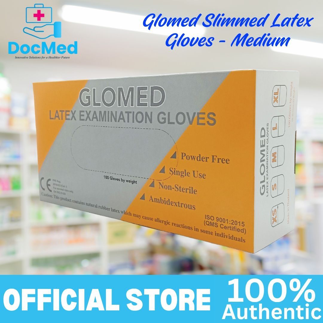 GLOMED LATEX SLIM GLOVES MEDIUM (Category: Medical Supplies & Tools) located in Quezon City. Submitted by zee_010200 (Listing ID 1463340131, Image 2). Description: - Glomed Slimmed Latex Examination Gloves - Size: Medium - Powder-Free - Single-Use - Non-Sterile - Ambidextrous Design - ISO 9001:2015 Certified - Contains Natural Rubber Latex.