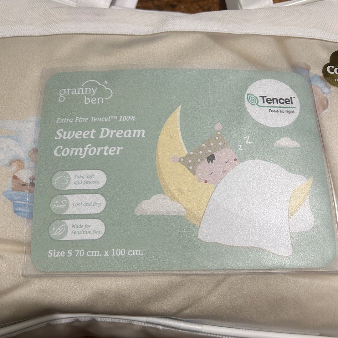 Granny Ben Tencel Comforter - Size S (Category: Bedding & Towels) located in Quezon City. Submitted by preby_a (Listing ID 1463394159, Image 2). Description: - Granny Ben Sweet Dream Comforter - Made from 100% Extra Fine Tencel - Silky soft, smooth, cool, and dry feel - Perfect for sensitive skin - Lightweight for year-round comfort - Size S: 70 cm x 100 cm - Includes a reusable bag.