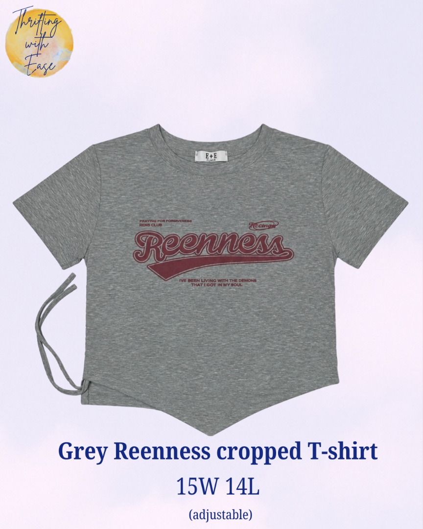 Grey Reenness Cropped T-shirt (Category: Shirts) located in Manila. Submitted by tr_w_ez (Listing ID 1463409551, Image 1). Description: Grey Reenness Cropped T-shirt Thrifting with ease is not affiliated or associated with any of the brands featured. All trademarks and copyrights reserved to the original brand holders. Size: Medium Condition: 9/10 Color rate: 9.8/10 Issue: None Price: 450 Note📌: Comment mine or dm me for payment & shipping Take 