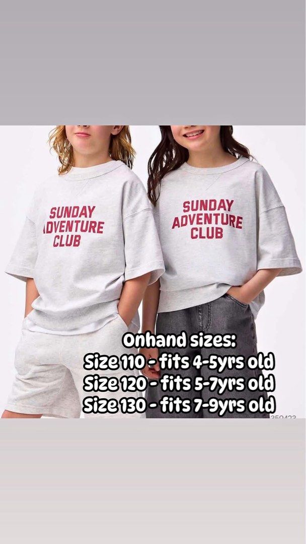 GU Kids Shirt (Category: Babies & Kids Fashion) located in Baguio. Submitted by donafaye (Listing ID 1463328064, Image 3). Description: GU Kids Shirt UNISEX Sunday Adventure Club Gray only Sizes onhand: Size 110 - fits 4-5yrs old Size 120 - fits 5-7yrs old Size 130 - fits 7-9yrs old Brand new from JP 🇯🇵 Depende pa din po sa body fit ng kids 🫶🏻.