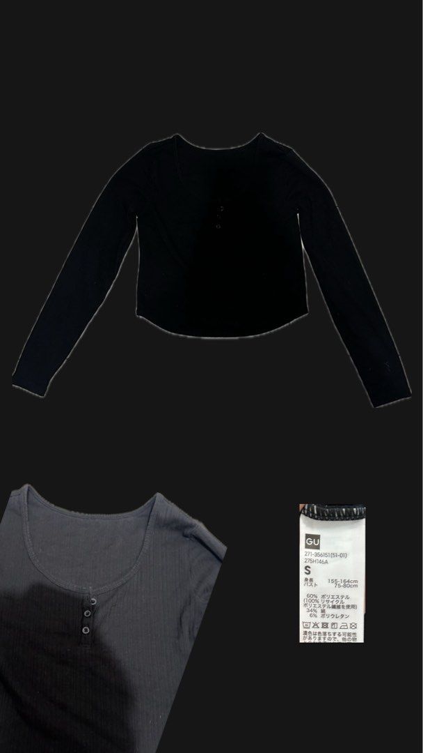 GU Ribbed Long Sleeve Cropped Top Black Size S (Category: Longsleeves) located in Manila. Submitted by nellafelix1720 (Listing ID 1463472946, Image 1). Description: - GU Black Ribbed Long Sleeve Top - Cropped fit with button-up neckline - Comfortable and stretchy material (Polyester, Cotton, Polyurethane) - Perfect for layering or standalone wear - Fits bust sizes 75-80cm.
