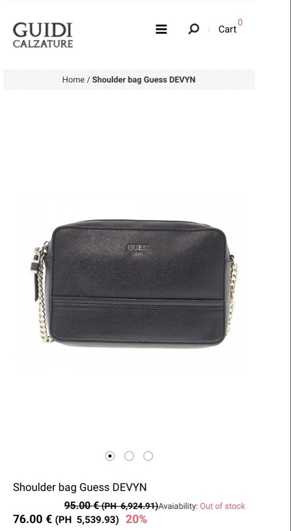 Guess Devyn Black Shoulder Bag with Chain Strap (Category: Shoulder Bags) located in Cebu City. Submitted by gabgaaab (Listing ID 1463427178, Image 2). Description: - Guess Devyn Black Shoulder Bag with Chain Strap - New with tag - Versatile strap options: chic chain strap and an adjustable strap - Secure zipper closure for the main compartment - Actual pics posted.