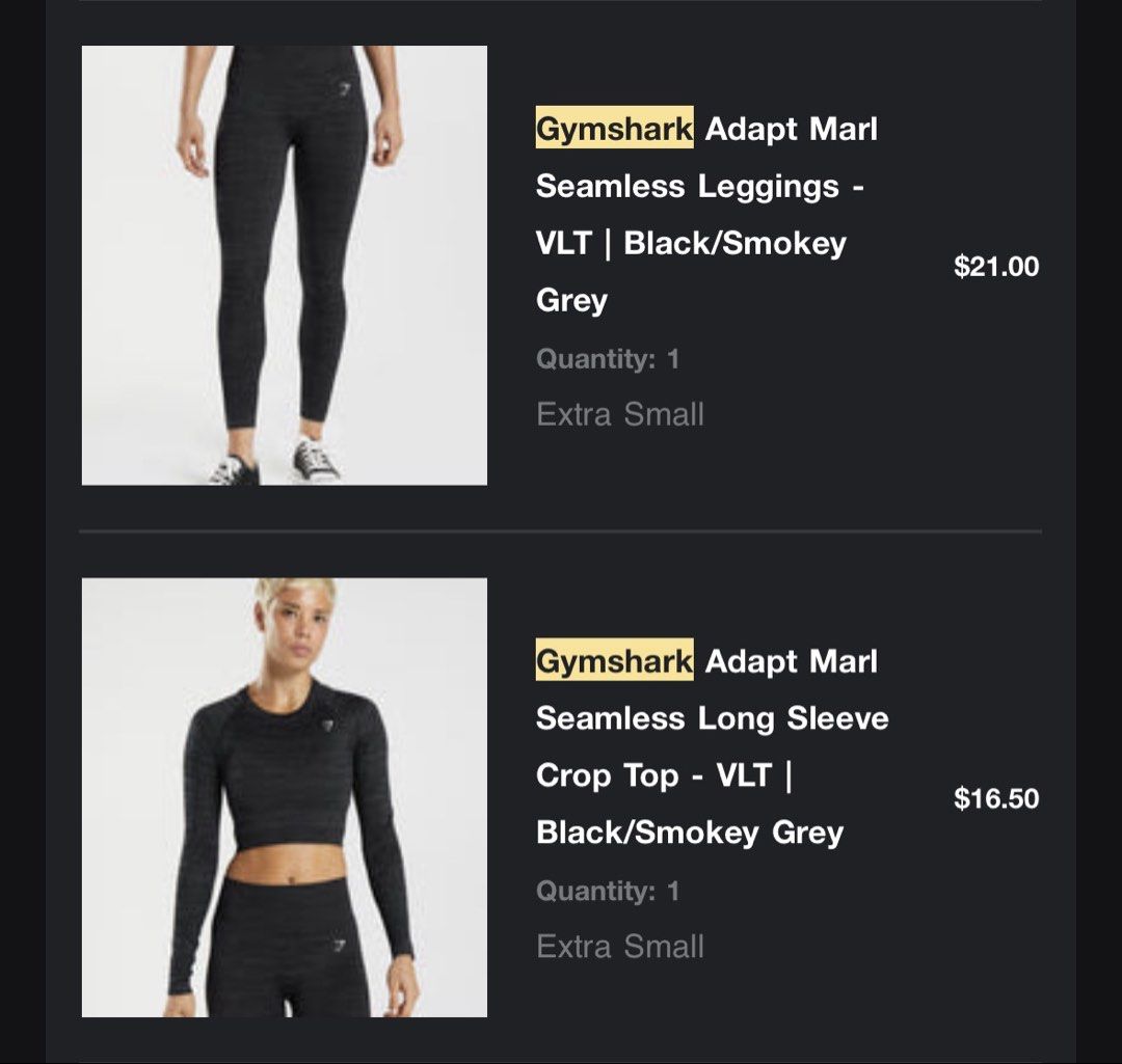 Gymshark Adapt Marl Seamless Set - XS (Category: Activewear) located in Taguig. Submitted by jas_7 (Listing ID 1463449092, Image 2). Description: - Gymshark Adapt Marl Seamless Set - Color: Black/Smokey Grey - Size: Extra Small (XS) - Includes: Long Sleeve Crop Top & Leggings - Condition: no issues, worn only a few times, logo is still intact - RFS: decluttering and no longer fits me - no photo when worn - last price as posted .