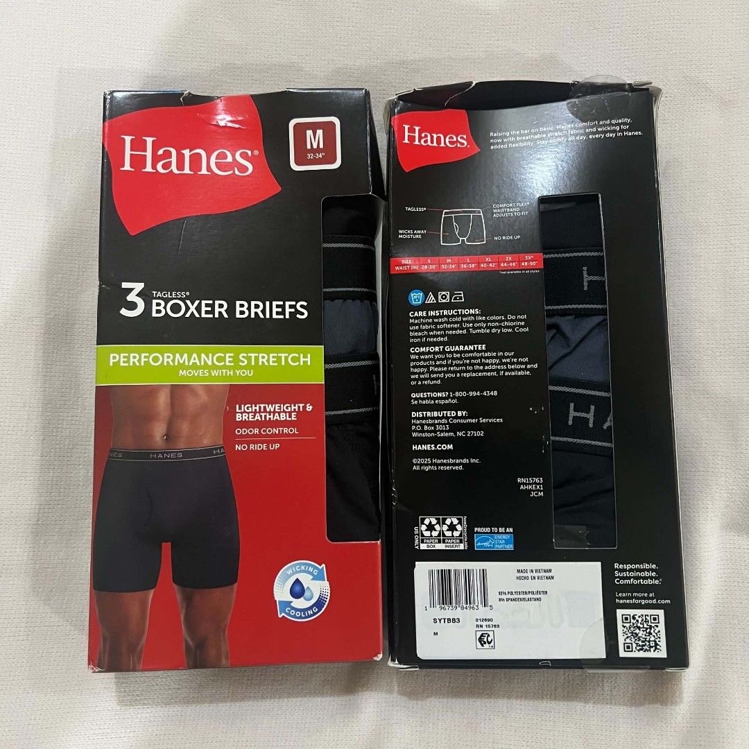 Hanes Men's 3-Pack Performance Stretch Boxer Briefs - Size M (Category: Underwear) located in Mangaldan. Submitted by ice_thrift_hub (Listing ID 1463429979, Image 1). Description: - 3-pack Hanes Boxer Briefs - Size: Medium (fits waist 32-34 inches) - Material: Performance stretch fabric for comfort and movement - Features: Moisture-wicking, odor control, no-ride-up leg design - Benefits: Lightweight, breathable, ideal for everyday wear and active