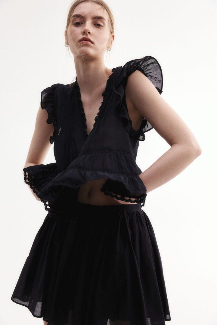 H&M PINTUCKED BLOUSE BLACK (Category: Sets or Coordinates) located in Angeles City. Submitted by chic.haven (Listing ID 1463330612, Image 1). Description: - Cute black peplum top with ruffle trim on sleeves and neckline. - Lightweight fabric, ideal for warmer weather..