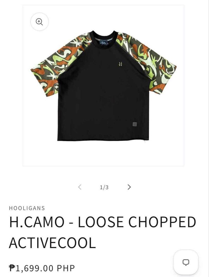 HOOLIGANS h.camo - LOOSE CHOPPED ACTIVECOOL T-shirt (Category: Tshirts & Polo Shirts ) located in Calamba. Submitted by justin444 (Listing ID 1463360793, Image 1). Description: - Brand: Hooligans - Style: Black t-shirt with camouflage raglan sleeves - Fit: Loose, comfortable for everyday wear - Size: Not specified (please check measurements) - Original Price: PHP 1,699.00 1100+sf .