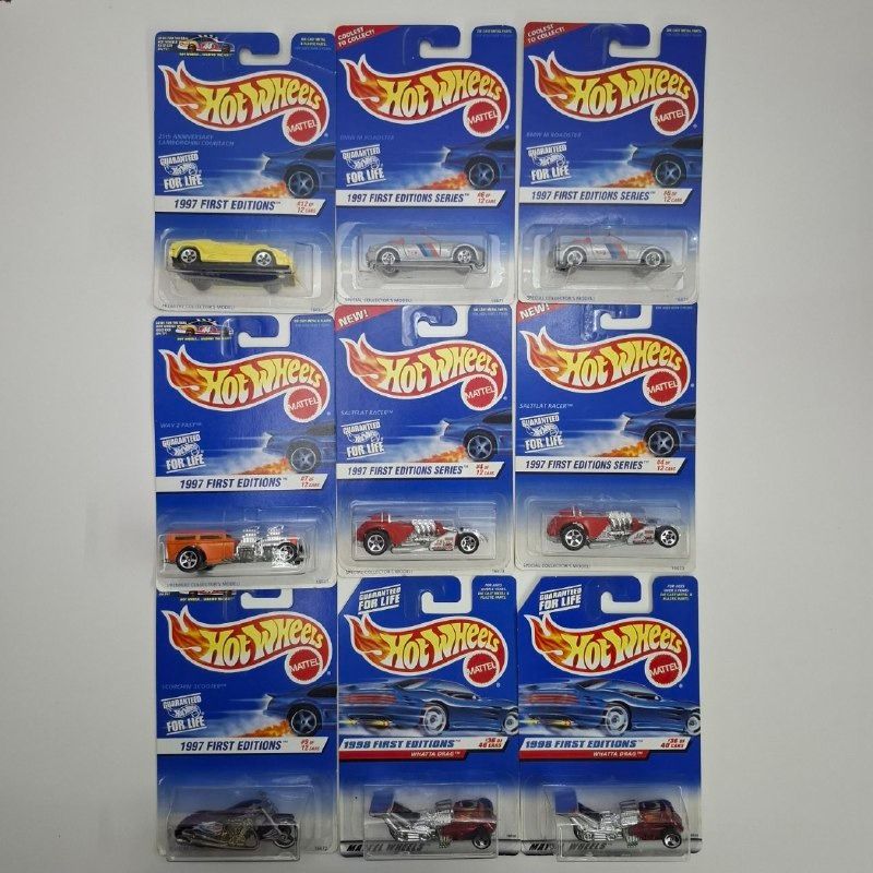 Hot Wheels 1997 First Editions (Category: Vehicle & Diecast Models) located in Mabalacat. Submitted by mattytooturnt (Listing ID 1463503317, Image 1). Description: - For Sale: 1997 Hot Wheels First Editions Collection - Features classic models like Lamborghini Countach, Scorchin' Scooter, and others - All cars are brand new and sealed in their original packaging - Ideal for die-cast car collectors and enthusiasts - Don't miss out on these vintage