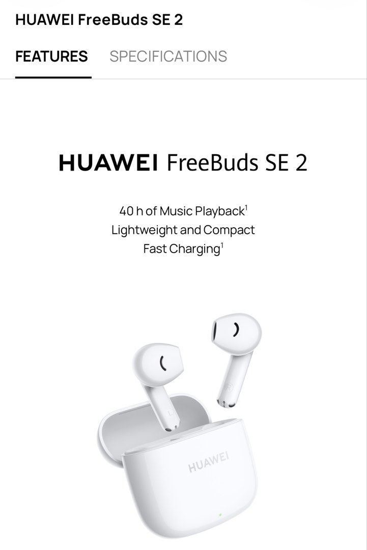 HUAWEI FreeBuds SE 2 Wireless Earbuds (Category: Earphones) located in Candelaria. Submitted by trendoclock (Listing ID 1463350623, Image 1). Description: HUAWEI FreeBuds SE 2 with black charging case and green silicone case. Enjoy 40 hours of music, fast charging, and great sound. Lightweight and compact. No charging cable included. Compatible with any USB Type-C charging cable.
